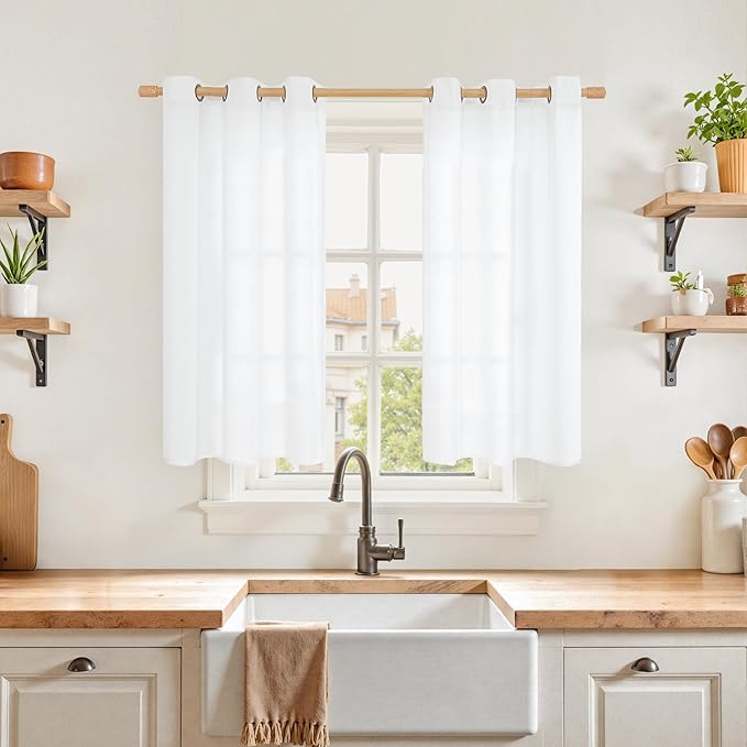 YoungsTex White Linen Curtains 40 Inches Length for Kitchen Window - Small Window Drapes Semi Sheer Light Filtering with Bronze Grommet for Bathroom Rustic Privacy, 2 Panels, 34 X 40 Inch