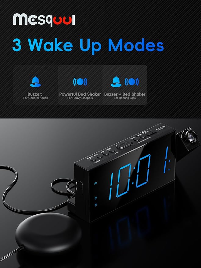 Mesqool Projection Alarm Clock with Loud Bed Shaker, Dual Alarms | 5-level Dimmer, USB charger, Snooze & DST, Loud Vibrating Alarm with Battery Backup, Perfect for Heavy Sleepers - Image 5
