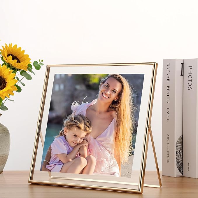 Gold 10x10" Floating Frame 2 Pack for Photo Size(5x5'',6x6'',8x8''),Adjustable Tabletop/Shelf floating Photo Frame,Classy Metal Gift Frames for Wedding,Thanksgiving,Christmas,Birthady,Home or Office Decor.