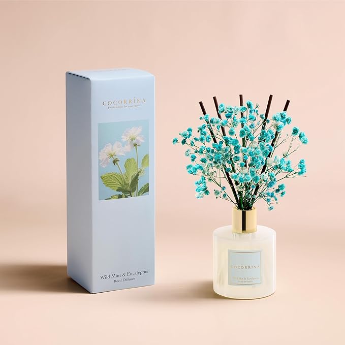 COCORR??NA Reed Diffuser - Wild Mint & Eucalyptus 6.7 Fl.oz Reed Diffuser Set with Sticks & Preserved Baby's Breath, Reed Diffuser for Home Bathroom Shelf Decor