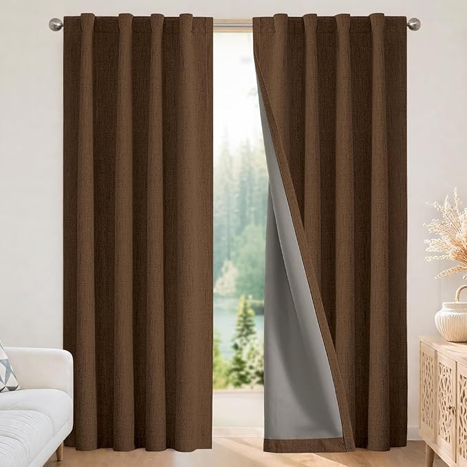 Joydeco Linen Blackout Curtains for Bedroom - 100% Light Blocking 1 Panels, Cappuccino Drapes 100" W x 120" L, Thermal Insulated Room Darkening Curtains for Living Room, Rod Pocket & Back Tabs