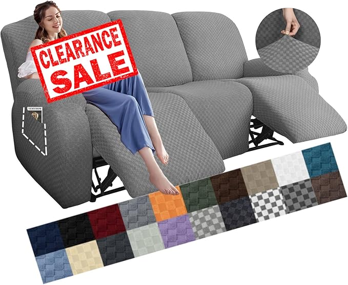 YEMYHOM 8 Pieces Stretch Recliner Sofa Cover Latest Jacquard Reclining Couch Cover with Side Pocket Anti-Slip Fitted 3 Cushion Furniture Slipcovers with Elastic Bottom (Sofa Recliner, Light Gray)