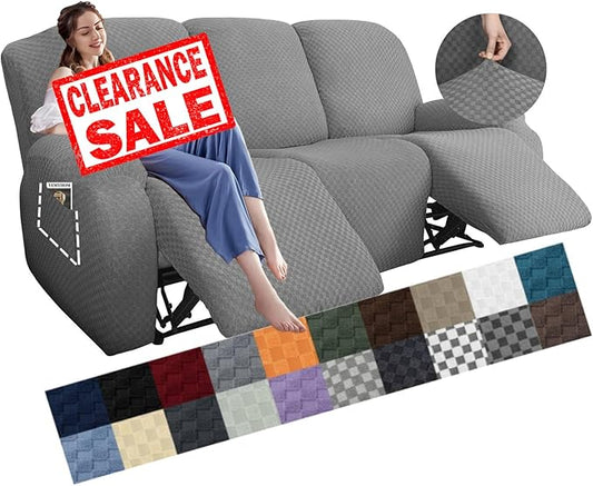 YEMYHOM 8 Pieces Stretch Recliner Sofa Cover Latest Jacquard Reclining Couch Cover with Side Pocket Anti-Slip Fitted 3 Cushion Furniture Slipcovers with Elastic Bottom (Sofa Recliner, Light Gray)