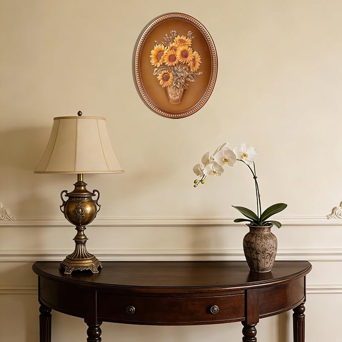 SIKOO Vintage Wall Sculptures Bronze Gold Sunflower Wall Art Hand Painted Ornate Wall Hanging Decoration Antique Pediment Wall Statue Ornament Decor Gallery for Kitchen Bedroom Living Room