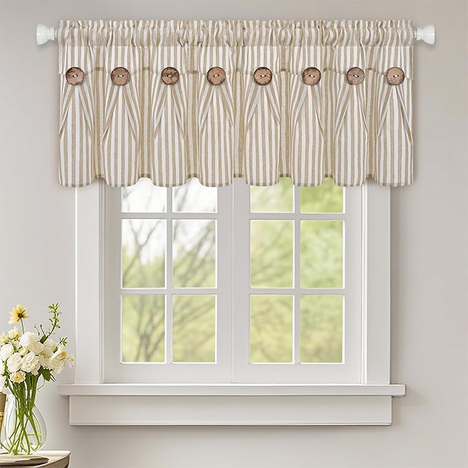 ASPMIZ Farmhouse Valances for Windows, Cotton Linen Kitchen Curtains Valances with Rustic Buttons, Khaki Striped Window Valance for Living Room, Boho Valance Curtains for Bathroom, 52 x 18 Inches