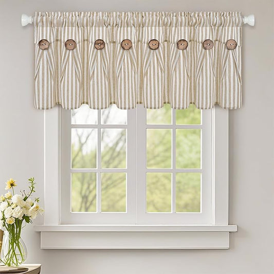 ASPMIZ Farmhouse Valances for Windows, Cotton Linen Kitchen Curtains Valances with Rustic Buttons, Khaki Striped Window Valance for Living Room, Boho Valance Curtains for Bathroom, 52 x 18 Inches