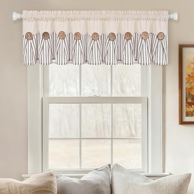 ASPMIZ Farmhouse Valances for Windows, Boho Kitchen Valances Curtains with Rustic Buttons, Brown Striped Window Valance for Living Room, Cotton Linen Valance for Bathroom, 60 x 14 Inches