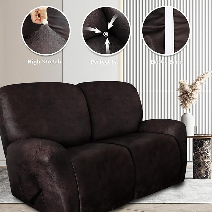 ANARACHON Leather Look Loveseat Recliner Covers Stay in Place 6-Piece Recliner Sofa Slipcover 2 Seater Reclining Couch Cover Spandex Fabric Washable (Recliner Loveseat, Chocolate)