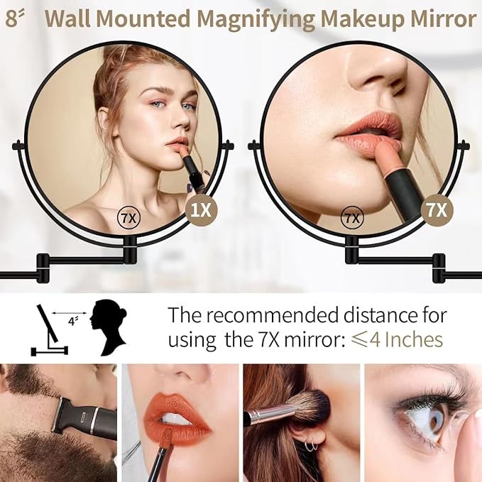 BTremary 8” Wall Mounted Magnifying Makeup Mirror 1X/7X Wall Mount Mirror Swing Arm Two-Sided 360° Swivel Bathroom Shaving Mirror for Men and Women in Hotel/Home, Black