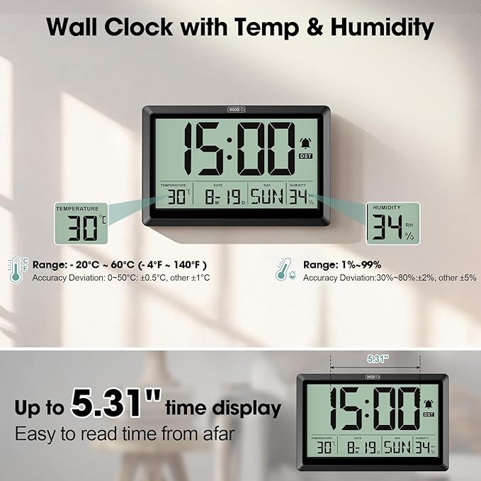 10.4'' Digital Wall Clock Battery Operated with Date/Temp/Week, Touch Snooze Function, Alarm, Temperature & Humidity - Easy to Read and Set, Auto DST