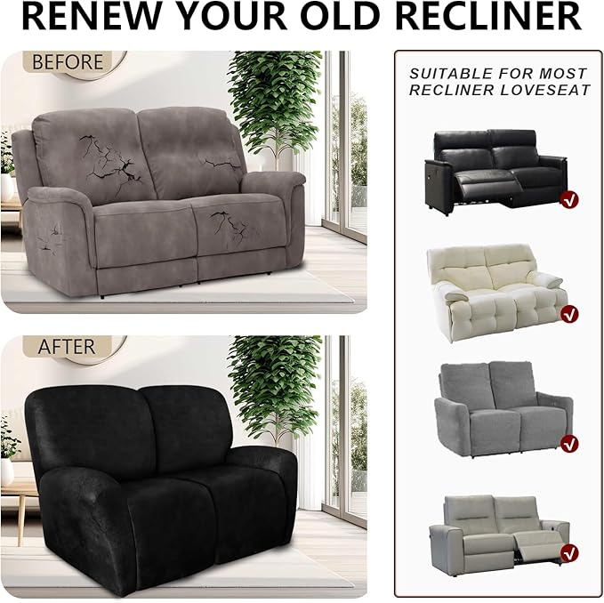 ANARACHON Loveseat Recliner Cover Leather Look Recliner Loveseat Covers Recliner Sofa Cover for 2 Seater Reclining Couch Spandex Fabric Washable 6 Pieces (2 Seater, 02 Black)