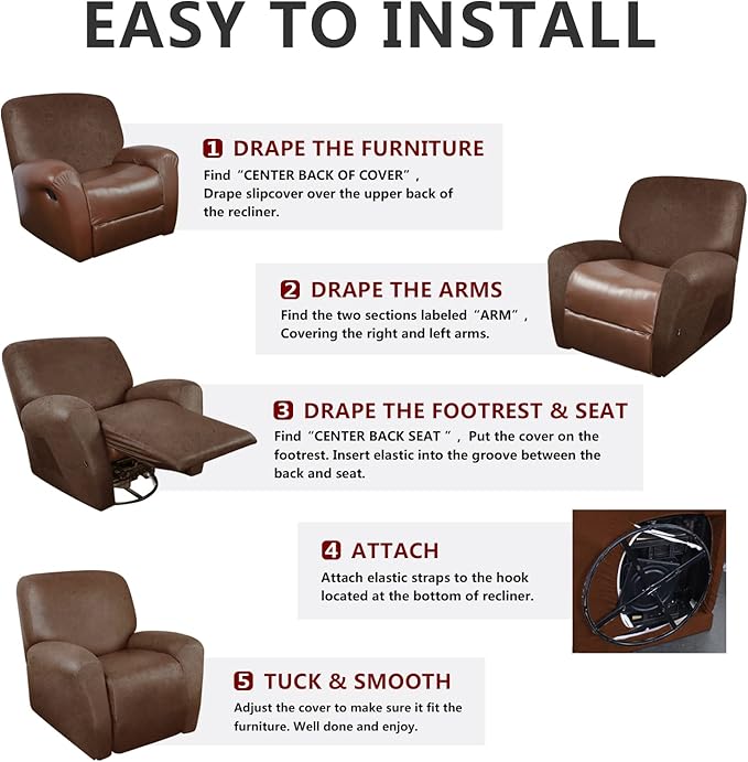 ANARACHON Recliner Chair Covers Leather Like, 4 Pieces Recliner Cover, Furniture Protector - Washable Soft Sofa Slipcover for Pets Kids (Brown)