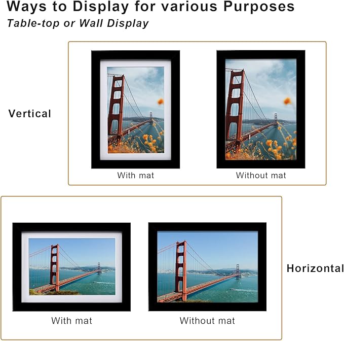 KINLINK 5x7 Picture Frame Black Set of 6, Wooden Photo Frames Matted 4x6 with Plexiglass for 4x6 with Mat or 5x7 without Mat for Table and Wall Display