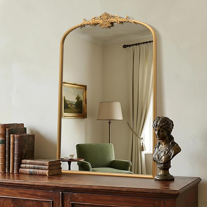 Besdomus Antique Arched Wall Mirror: 24"x36" French Large Arch Gleaming Gold Vintage Vanity Wall Mounted Mirror - Traditional Ornate Home Decor for Entryway/Fireplace/Bathroom - Idea for Homemakers