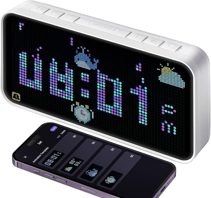 Dekala PixelRise Smart Alarm Clock for Bedroom,Pixel Art LED Dot Matrix Display, Weather Temperature Animation, Loud Dual Alarm for Heavy Sleeper, Sleep White Noise, WiFi Weather & DST Time Sync, App by Dekala