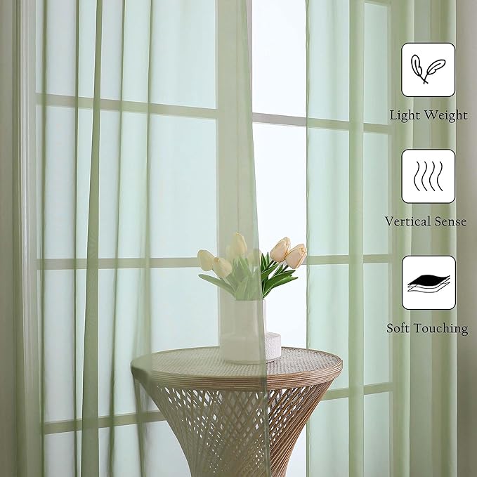 Lecloud Sage Green Sheer Curtains 108 Inches Long 2 Panels, Extra Wide Airy Voile Sheer Curtains, Elegant Rustic Light Filtering Window Curtain Drapes for Living Room Balcony, 59" W x 108" L