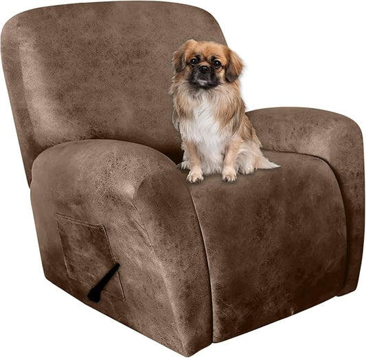 ANARACHON Leather Like Recliner Chair Covers Stay in Place, 4 Pieces Recliner Cover for Recliner Chair, Leather Cover for Recliner slipcovers Washable for Pets (Light Brown)