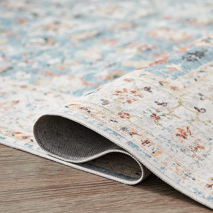 jinchan Runner Rug 2x5 - Hallway Rug Kitchen Washable Runner Vintage Floral Boho Lightweight Thin Non-Slip Retro Distressed Carpet for Entryway Bathroom Bedroom Laundry Room Light Blue