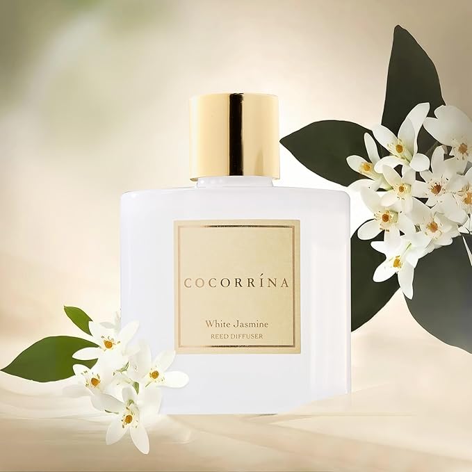 COCORR??NA Reed Diffuser - White Jasmine 6.7 Fl.oz Reed Diffuser Set with Sticks & Preserved Baby's Breath, Reed Diffuser for Home Bathroom Shelf Decor