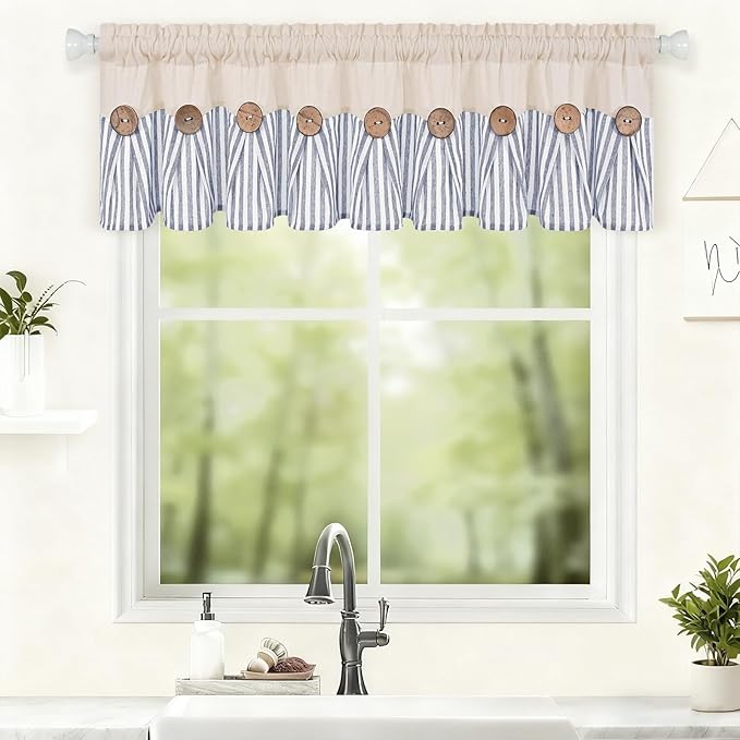 ASPMIZ Cotton Linen Kitchen Curtains Valance, Boho Rustic Button Valances for Windows Farmhouse Style, Blue Stripe Window Valances for Bathroom Cafe, Tie Up Valance for Kitchen Windows, 60 x 14 Inch