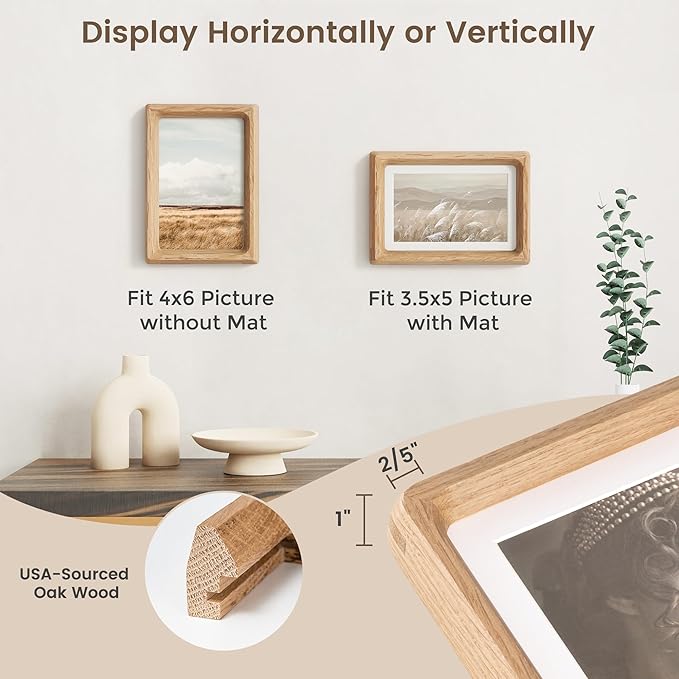 4x6 Picture Frame Set of 2, USA-Sourced Oak Wood Photo Frames with HD Tempered Glass, Handcrafted Rounded Corner 4 x 6 Wooden Frame Matted to 3.5x5 Photos, 4x6 Frames, Tabletop or Wall Display