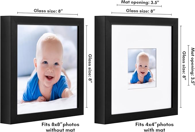 Americanflat 8x8 Picture Frame with Shatter-Resistant Glass - Use as 4x4 Frame with Mat or Display 8x8 Photo Without Mat - Soho Collection - Deep Molding Square Frames for Tabletop or Wall - Black