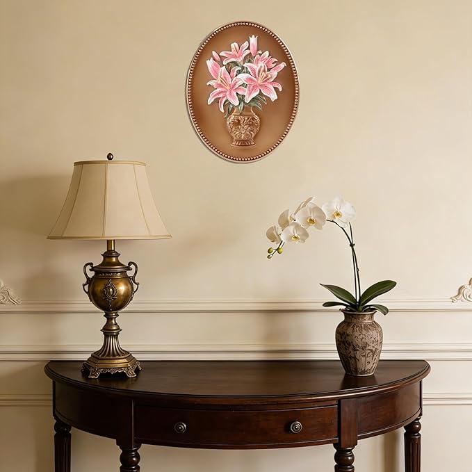 SIKOO Vintage Wall Sculptures Bronze Gold Lily Wall Art Hand Painted Ornate Wall Hanging Decoration Antique Pediment Wall Statue Ornament Decor Gallery for Kitchen Bedroom Living Room