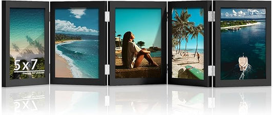 5 Folding 5x7 Picture Frame Horizontal Engineered Wood Accordion Photo Frame with Plexiglass Tabletop Bookshelf Display Black