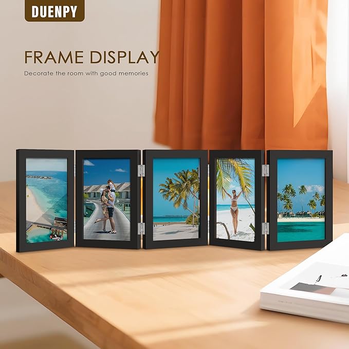 5 Folding 4x6 Picture Frame Horizontal Engineered Wood Accordion Photo Frame with Plexiglass Tabletop Bookshelf Display Black
