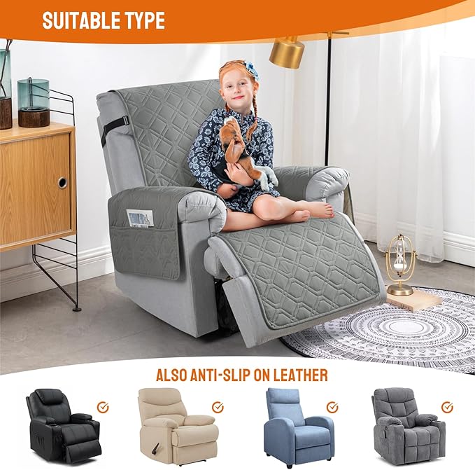 VANSOFY 100% Waterproof Recliner Chair Covers, Recliner Cover Non-Slip Dog Chair Cover Furniture Protector Washable Slipcover with Pocket, Elastic Straps for Pets, Dogs(Gray, 22")