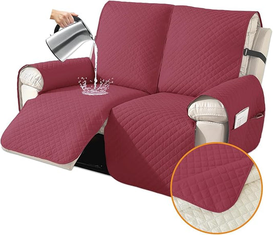 XINEAGE Clearance Waterproof Recliner Cover, 2 seat Recliner Loveseat Covers with Pockets, Thick Recliner Protector Cover for Dog Pets with Non Slip Backing and Strap (Recliner Loveseat, Red)