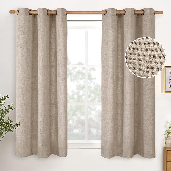 YoungsTex 48 Inch Length Linen Curtains for Short Window, Oatmeal Burlap Light Filtering Drapes with Bronze Grommet Privacy for Living Room Window, 42 x 48 Inch, 2 Panels