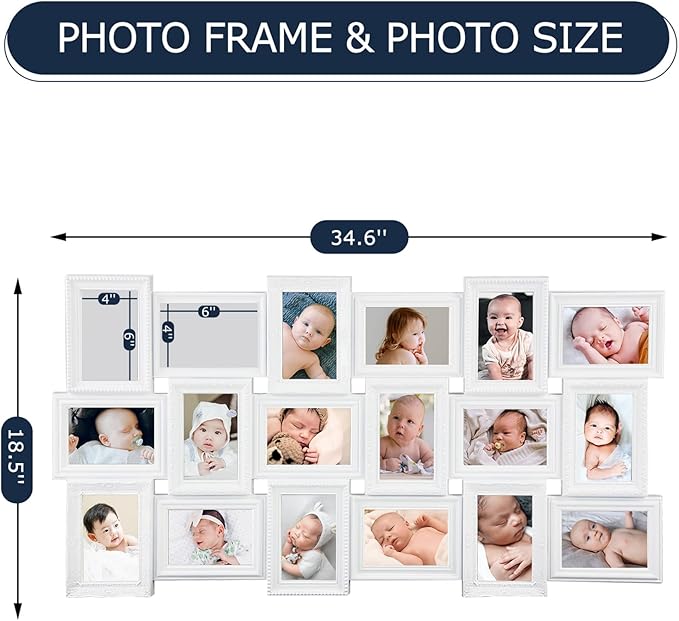 HELLO LAURA - Collage Picture Frames for Wall - 18 Photo Frame in 4x6 Inch Elegant Family Picture Frames Collage Wall Decor Display Multiple Photos for Home - Vintage White