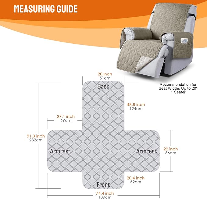 VANSOFY 100% Waterproof Recliner Chair Covers, Recliner Cover Non-Slip Dog Chair Cover Furniture Protector Washable Slipcover with Pocket, Elastic Straps for Pets, Dogs(Khaki, 20")