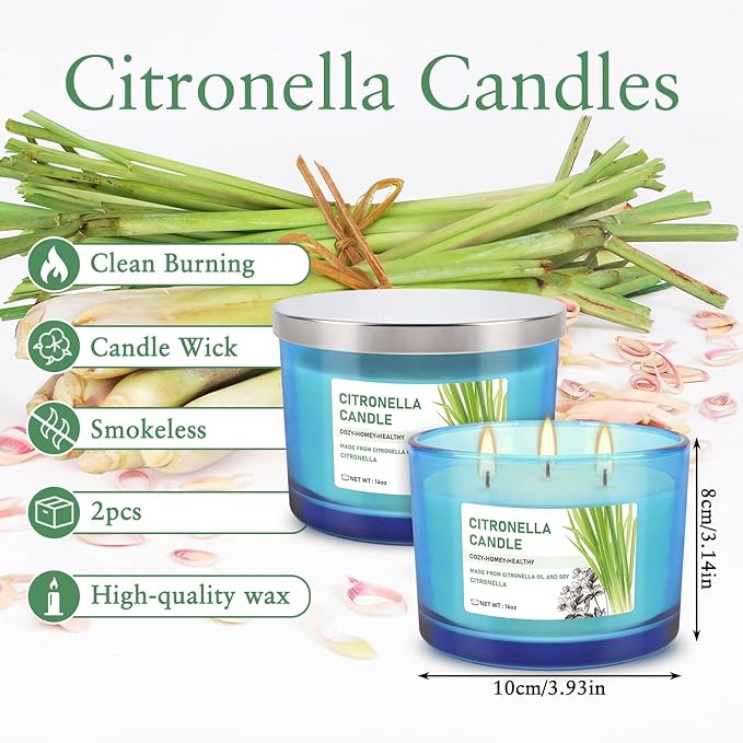 2x14oz Large 3-Wick Outdoor Indoor Citronella Candles, Long Lasting to 30 Hours, Scented Natural Soy Candle
