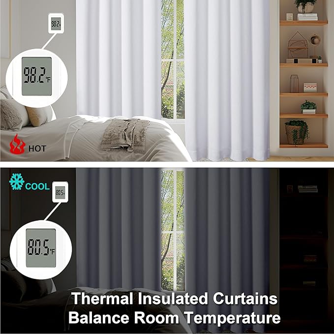 Simplebrand Ava Pure White Light Filtering Curtains for Bedroom 63 Inch Length 2 Panels Set, Solid Thermal Insulated Privacy Living Room Window Treatment Curtains Light Filtering, W50 x L63 Inch