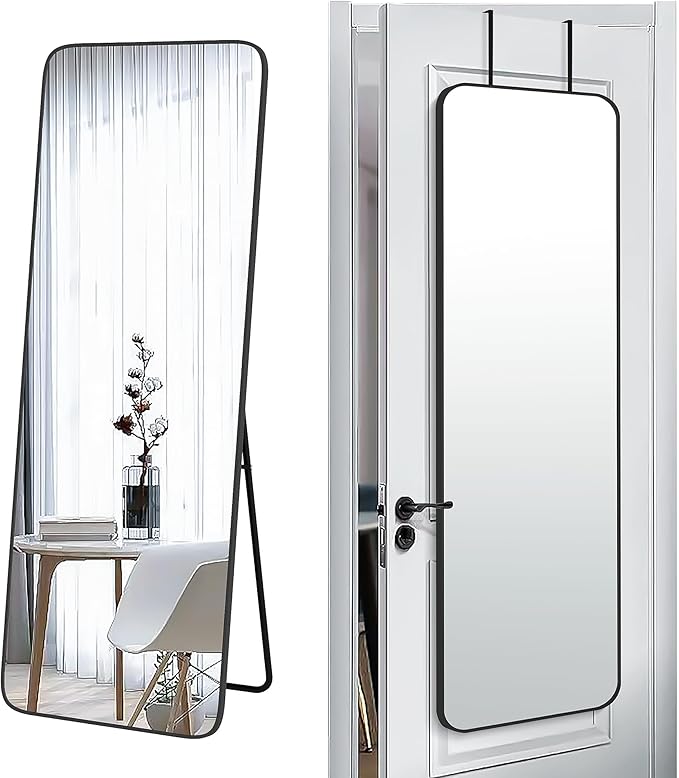 SCWF-GZ 57x20 Door Hanging Full Length Mirror, Floor Stand (Height 5.7ft just Body in1.3ft) Wall Mounted Metal Frame Rectangle Dressing Mirrors for Bedroom Living Room 57 inch Black