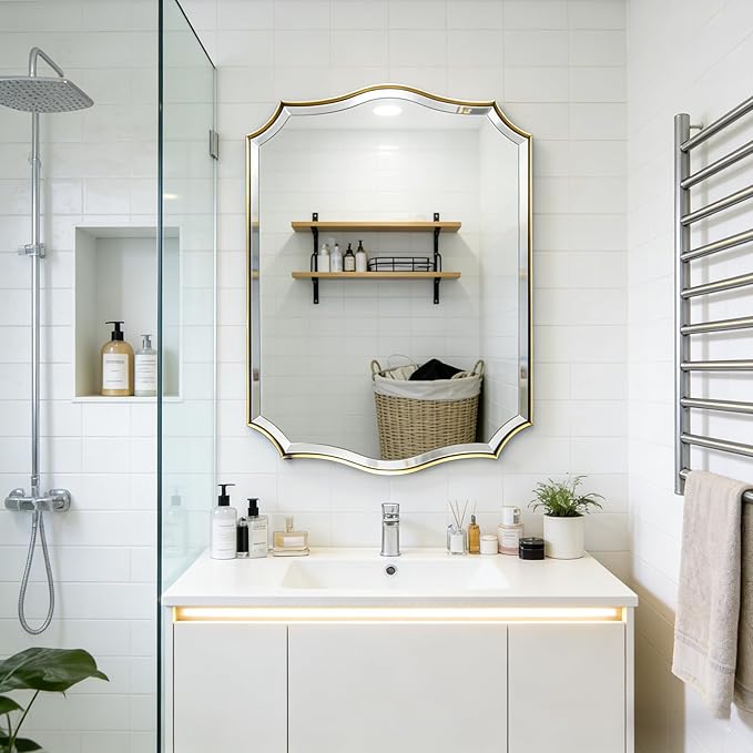 POZINO Scalloped Beveled Mirror, 24"x36" Brushed Gold Modern Bathroom Mirror, Brass Rectangle Wavy Vanity Mirrors for Living Room Bedroom Fireplace Entryway, Hangs Vertically or Horizontally