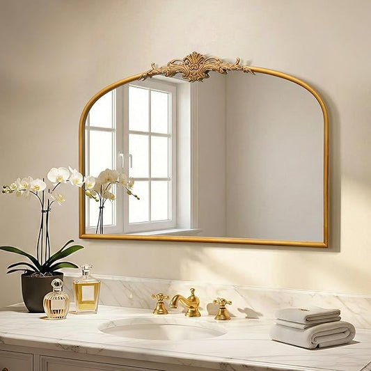 Besdomus Antique Arched Gold Mirror: 32"x24" French Large Antique Vanity Wall Mounted Mirror - Baroque Decorative Traditional Ornate for Fireplace/Bathroom/Bedroom - Wall Decor for Homemakers