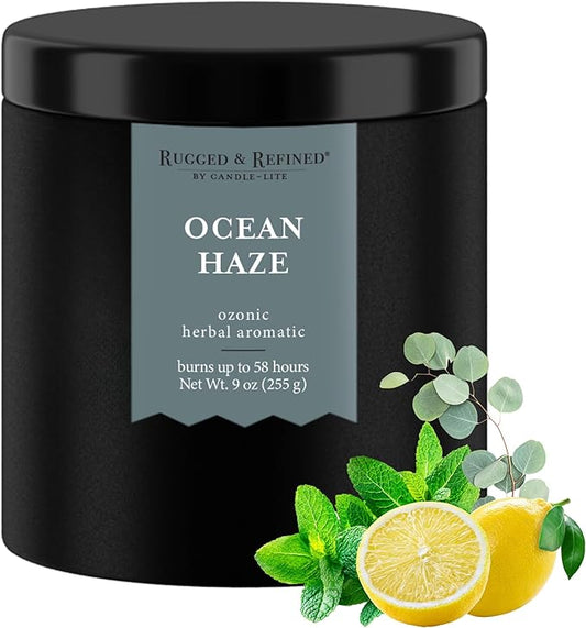 Candle-lite Rugged & Refined Scented Candle for Men, Ocean Haze, 9 oz Tin, Poured in The USA, Masculine Fragrance, 1-Wick, 58 Hours of Burn Time, Ideal Gift for Man in Your Life & Father's Day
