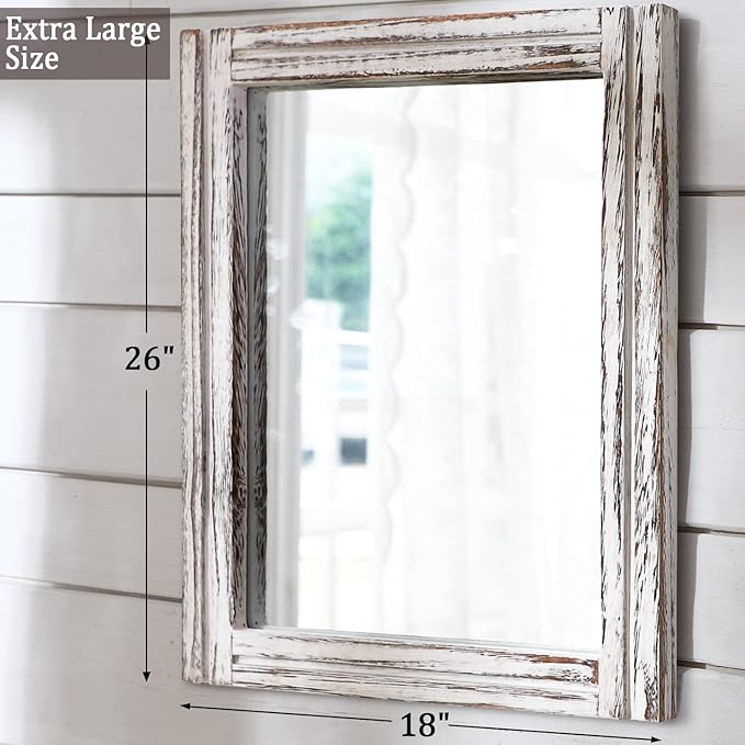 AAZZKANG Large Wall Mirrors 26"x18" Rustic Wood Mirror Rectangle Decorative for Farmhouse Bedroom Bathroom Living Room Dressing Room Home Entryway