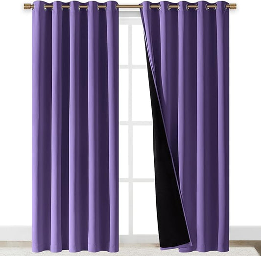 NICETOWN Total Shade Curtains and Draperies, Heavy-Duty Full Light Shading Drapes with Black Liner Backing for Villa/Hall/Dorm Window(Lilac Purple, Package of 2, 70 inches Wide x 95 inches Long)