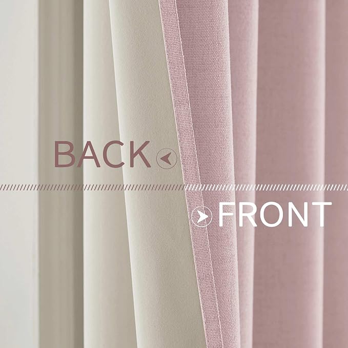 MIULEE Linen Texture Curtains for Bedroom Solid 100% Blackout Thermal Insulated Pink Curtains Grommet Room Darkening Drapes for Living Room Nursery 52x54 Inch (2 Panels)