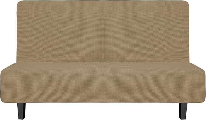 Easy-Going Stretch Futon Slipcover Armless Futon Bed Cover Furniture Protector Without Armrests with Elastic Bottom for Kids, Soft Jacquard Fabric Small Checks (Medium, Tan)
