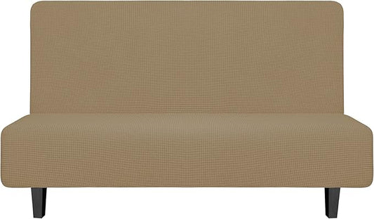 Easy-Going Stretch Futon Slipcover Armless Futon Bed Cover Furniture Protector Without Armrests with Elastic Bottom for Kids, Soft Jacquard Fabric Small Checks (Medium, Tan)