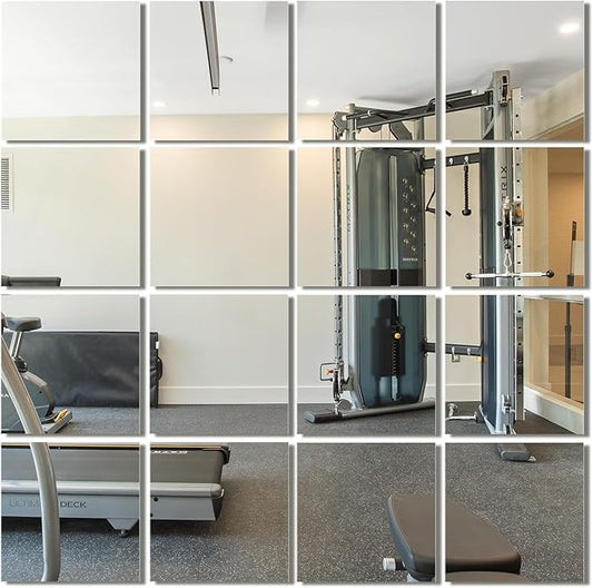 Delma Frameless Mirror Tiles 12"x10"x16 Pcs Wall Mounted, Shatter Resistant Full Length Tempered Glass Panels for Home Gym Bathroom Bedroom & Living Room Decor