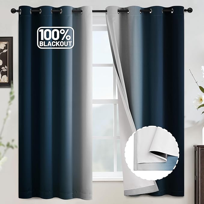 COSVIYA 100% Blackout Ombre Navy Blue Curtains for Bedroom with White Back,2 Thick Layers Thermal Insulated Room Darkening Grommet Window Drapes, 52x63 Inch, 2 Panels