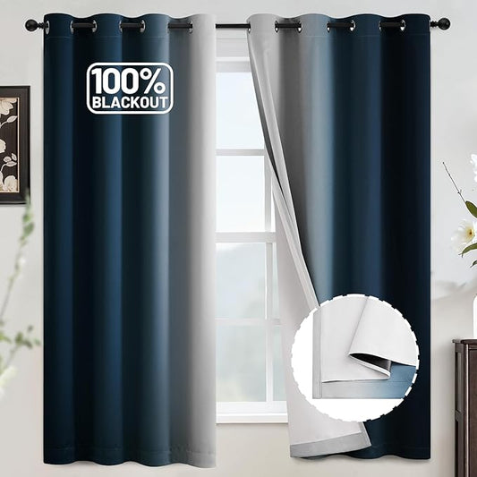 COSVIYA 100% Blackout Ombre Navy Blue Curtains for Bedroom with White Back,2 Thick Layers Thermal Insulated Room Darkening Grommet Window Drapes, 52x63 Inch, 2 Panels
