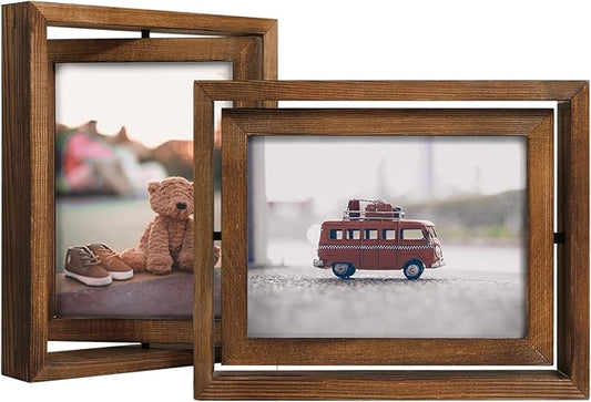 Egofine 2 Pack 6x8 Rotating Floating Picture Frames,Double-Sided Display with HD Glass Front Wooden Distressed Frame for Vertical or Horizontal Tabletop Display, Carbonization