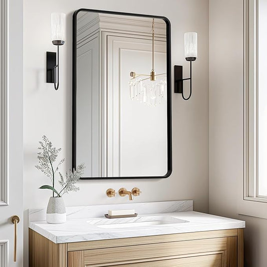 USHOWER Bathroom Mirrors for Over Sink, Metal Frame Rectangle Mirror, Modern Farmhouse Vanity Mirror, Wall Mounted for Bedroom, Living Room, Entryway Remodel & Upgrade, Matte Black, 24 x 36 Inch